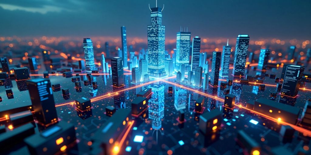 Futuristic cityscape with digital nodes and AI elements.