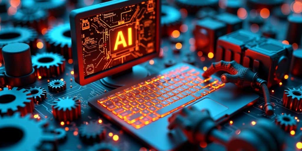 Computer with glowing circuits and robotic components.