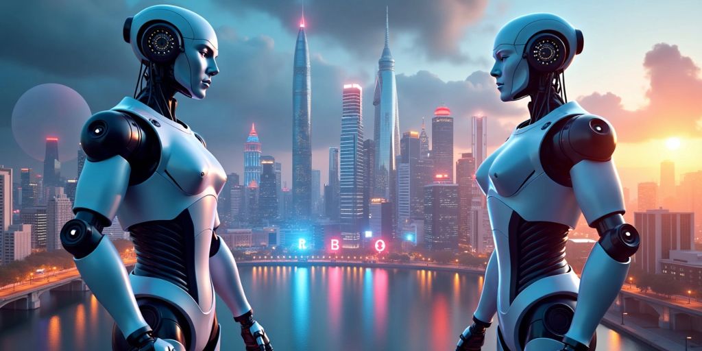 AI robots and digital currency in a futuristic city.