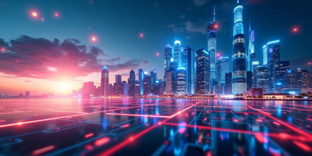 Futuristic city skyline with digital elements and bright colors.