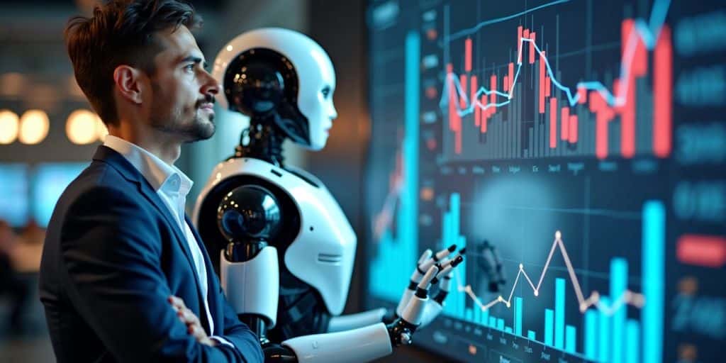 Businessperson and AI robot analyzing charts together.