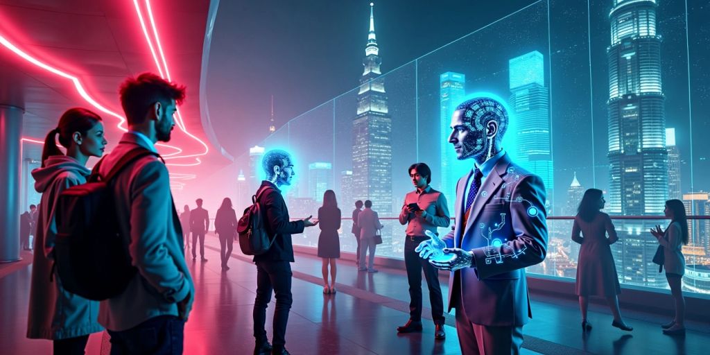 Futuristic city with people chatting with AI holograms.