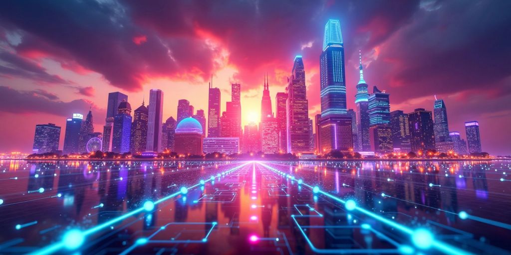 Futuristic city skyline with digital AI elements.